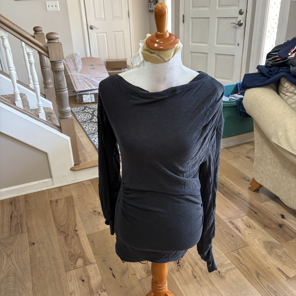 Free People Black Off Shoulder Boho Blouse Small Bell Sleeve Smocked Peasant Top